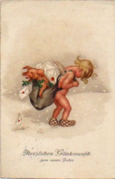 Naked child with backpack and pig, o 1933