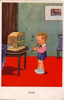 Boy playing flute in front of a canary in a cage, artist card, * approx. 1950