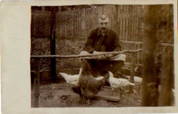 Man with chickens in barn real photo gebr. circa 1920
