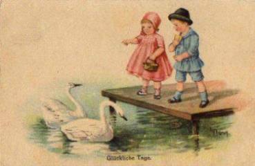Swans with children artist card Frank gebr. 11/28/1918