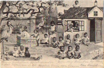 Storks with children Storch's children's food flour advertising card o 6.9.1902