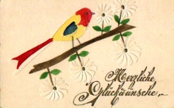 red bird on branch congratulation card * ca. 1920