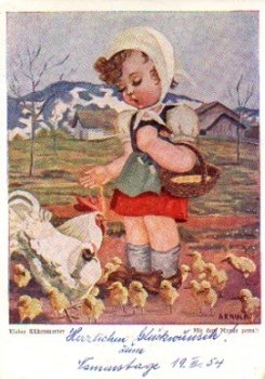Girl feeds chickens and chicks artist card Arnulf *ca. 1940