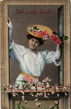 Woman with flower hat "Greetings" o August 23, 1910