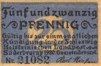 24392 Süderbrarup Schleswig Holstein Emergency money voucher for 25 Pf. No. 21082 around 1920