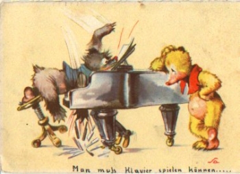 Teddy bear at the piano Humor card * approx. 1950