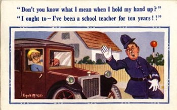 Police car driver wants to run over a police officer humor card * ca. 1950