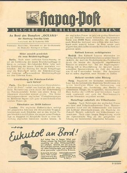 Hapag-Post Ausgebe für Urlauber Fahrten 21.9.1935 Dampfer "Oceana" 4 Seiten