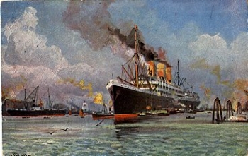 Deep sea ship steamer in the harbor artist card Geo. M. Mz. O February 13, 1903