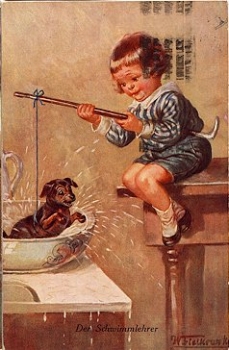 Dachshund having a bath child artist card W. Fielkran o March 21, 1929