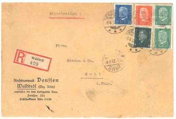 Waldbrol 409 registered letter with Hindenburg franked RS adhesive residue