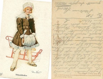 Girl with muff and sled artist card Hans Leu used ca. 1920 ​​​​​​​Primus card no. 3302