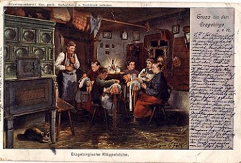 Klöppeln Klöppelstube in the Ore Mountains handiwork artist card G. Falk 1901