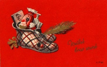 Krampus Teufel Schuhe mit Rute und Geschenken o ca. 1950