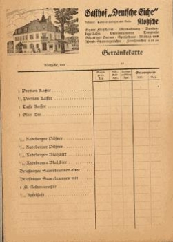 Dresden Klotzsche Gasthof Deutsche Eiche drinks menu around 1920