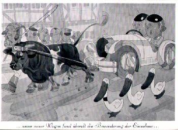 Motor vehicle humor car pulled by bull ducks cow *approx. 1960