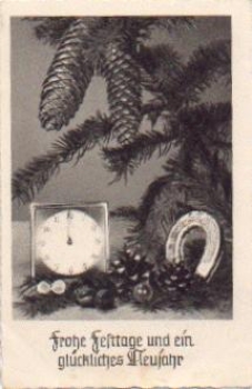 Clocks Horseshoe New Year Card o 12/24/1950