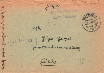35625 Hörnsheim über Wetzlar Landpoststempel auf Feldpostbrief o Wetzlar 5.4.1943