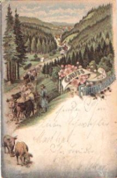 99894 Friedrichsroda Chromolithograph Kuhauftrieb, Almauftrieb gebr. circa 1900