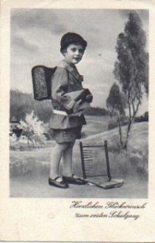 School enrollment girl with slide rule greeting card * ca. 1920