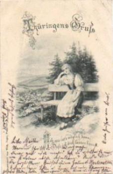 Woman sitting on a bench Thuringia's greeting o 13.8.1899