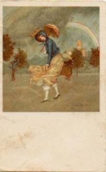 Frau mit Regenschirm Künstlerkarte K. Schule  um 1920