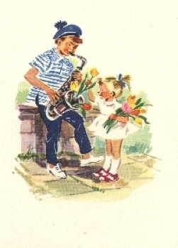 Girl with Saxophone Tulips Artist Card *approx. 1950