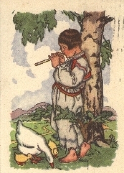 Boy with flute and geese artist card o April 4, 1947