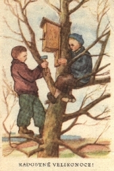 Children's artist card tree with birdhouse o 1953