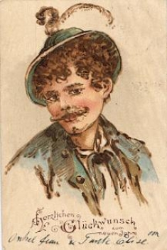 Traditional costumes man with feather hat New Year card 12/30/1900