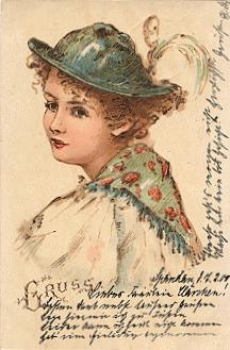 Traditional costume woman with plumed hat artist card o 7.2.1900