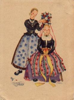Traditional costumes, two women, bride artist card Hahn o 5.5.1948