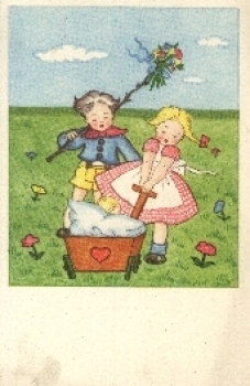 Girl boy with pram artist card * approx. 1940