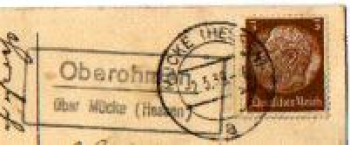 35325 Oberohmen via Mucke country postmark o May 2, 1939 on rose card
