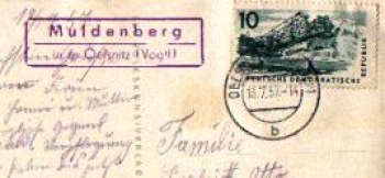 08269 Muldenberg country postmark o July 13, 1957 on AK Gottesgab