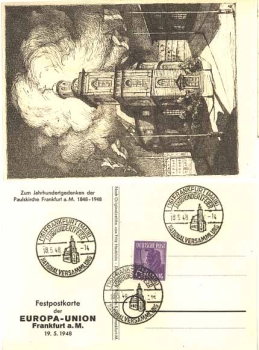 Frankfurt Main celebratory postcard of the Europa-Union special cancellation 18.5.1948