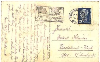 Werbestempel "FDJ Friedenskämpfer" o Halle 12.8.1952