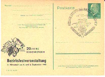 Ganzsache mit Privatzudruck 20 Jahre Bodenreform in Höhnstedt 1965 mit SoStpl. 4.9.1965