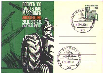 Postal stationery with private additional printing of agricultural machinery exhibition, special postmark 28.8.1966