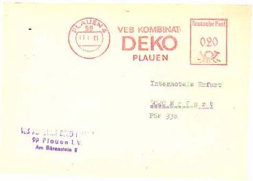 Plauen Vogtland sender indicia on card from VEB Kobinat DEKO o January 13, 1981