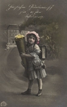 Back to school, girl, school bag, bag, gebr. 1917, serial card No. 6044 5,