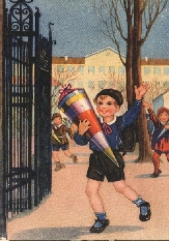 Back to school, boy, school cone, artist card, color, gebr. circa 1920