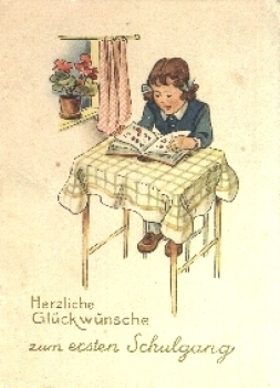 Schulanfang, Mädchen mit Buch, gebr. 1959, Verlag Driesen, Berlin
