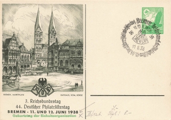44th German Philatelist Day Bremen 1938 private postal stationery PP142C36 special cancellation June 11, 1938  