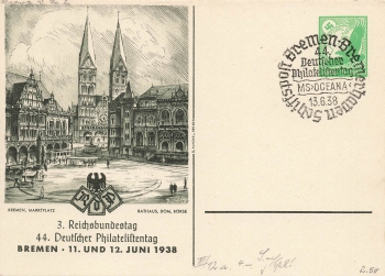 44th German Philatelist Day Bremen 1938 Private postal stationery PP142C36 special cancellation MS Oceana ship's mail June 13, 1938