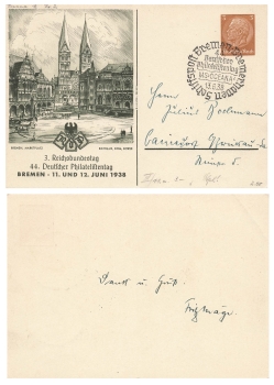 44th German Philatelist Day Bremen 1938 Private postal stationery PP122C93 special cancellation MS Oceana ship's mail June 13, 1938