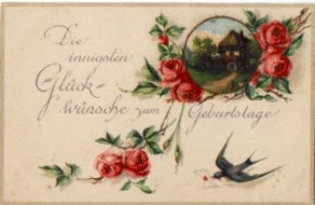 Roses, swallow, birthday card, o 27.12.1920