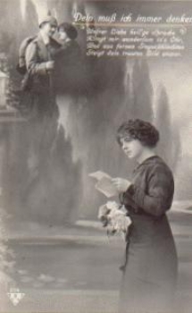 woman with letter soldier with spiked helmet series 214 br. circa 1918