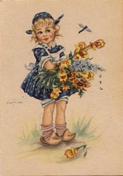 Child with dragonfly and flowers insect artist card Lupicina * ca. 1960