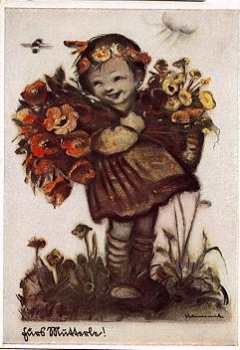 Girl with Flowers Artist Card Berta Hummel Series No. 5234 * ca. 1950